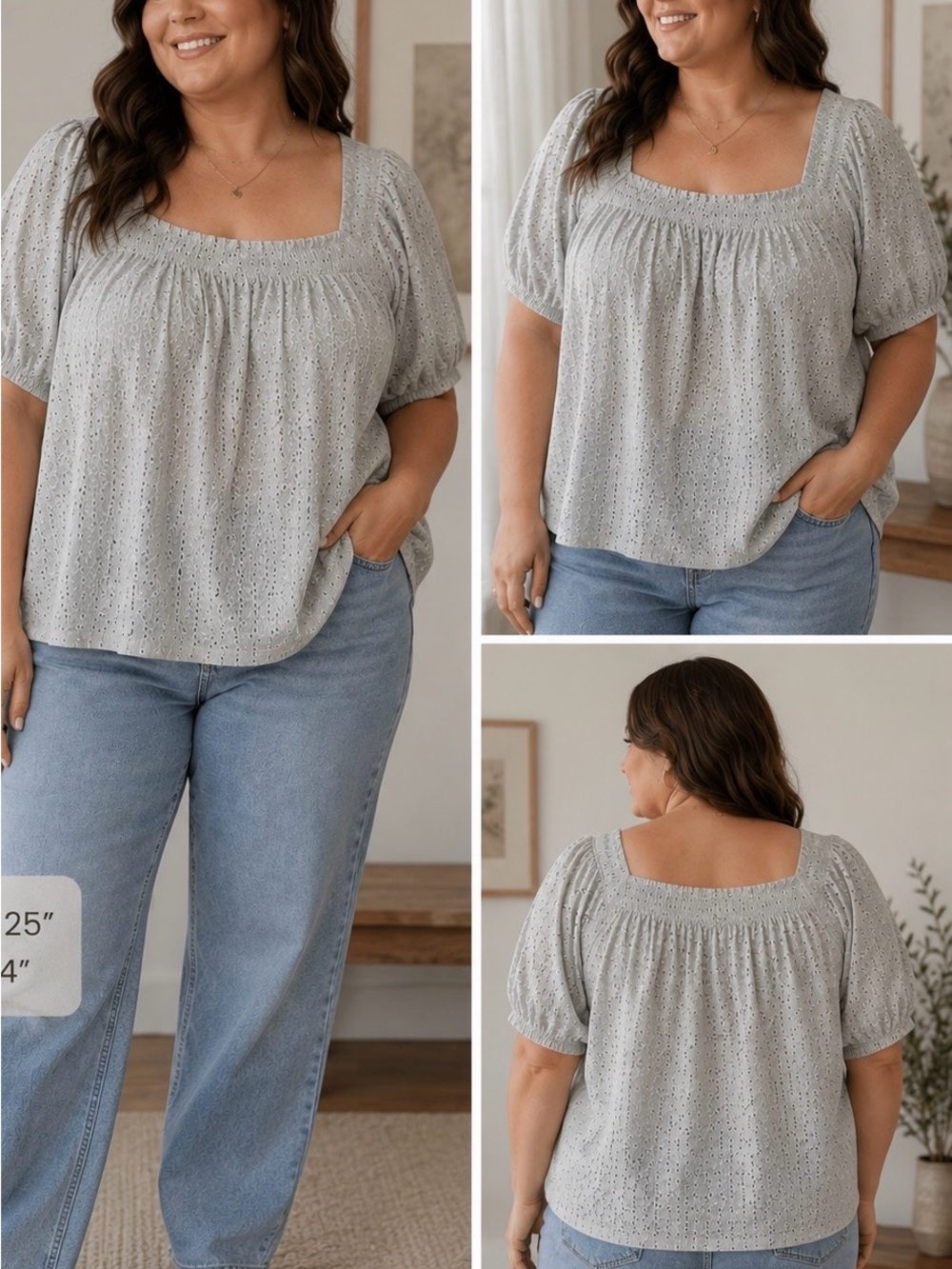 Gap Eyelet Cotton Blouse XXL Light Gray Gray Cottagecore Puff Sleeve Top